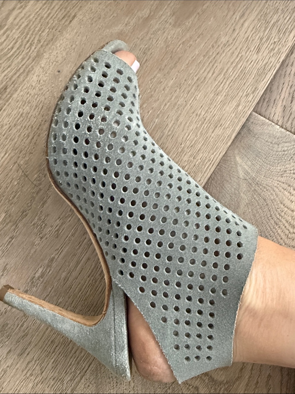 Pedro Garcia Perforated Suede Peep-Toe Mules in Sage